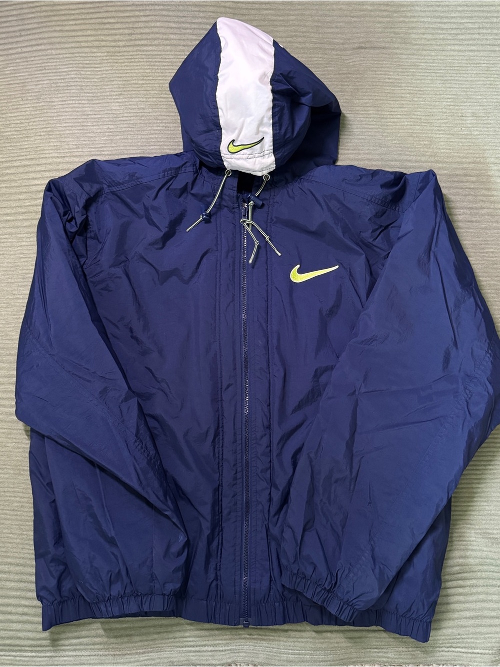 Vintage 90s Nike Navy Hooded Windbreaker Jacket with Lime Swoosh